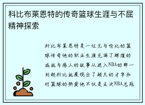 科比布莱恩特的传奇篮球生涯与不屈精神探索