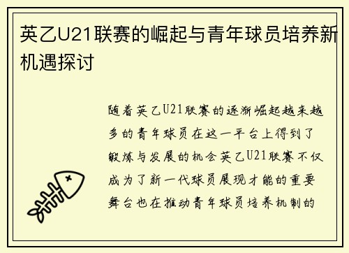 英乙U21联赛的崛起与青年球员培养新机遇探讨